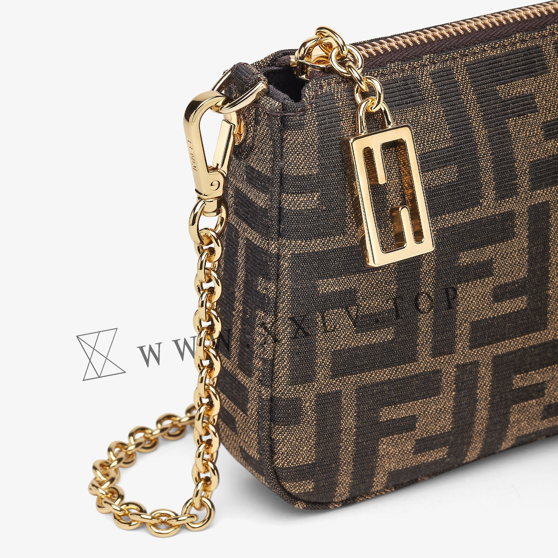 Baguette Pouch Brown jacquard FF fabric clutch with chain - Image 5