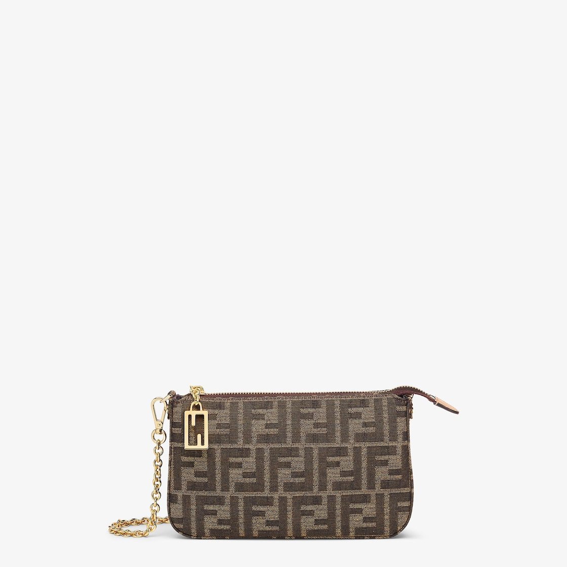 Baguette Pouch Brown jacquard FF fabric clutch with chain