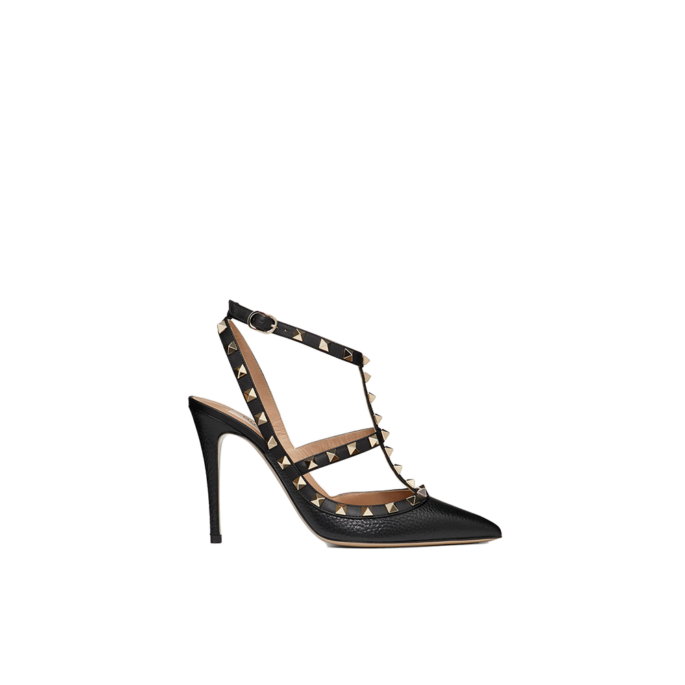 ROCKSTUD GRAINY LEATHER ANKLE STRAP PUMP 100 MM