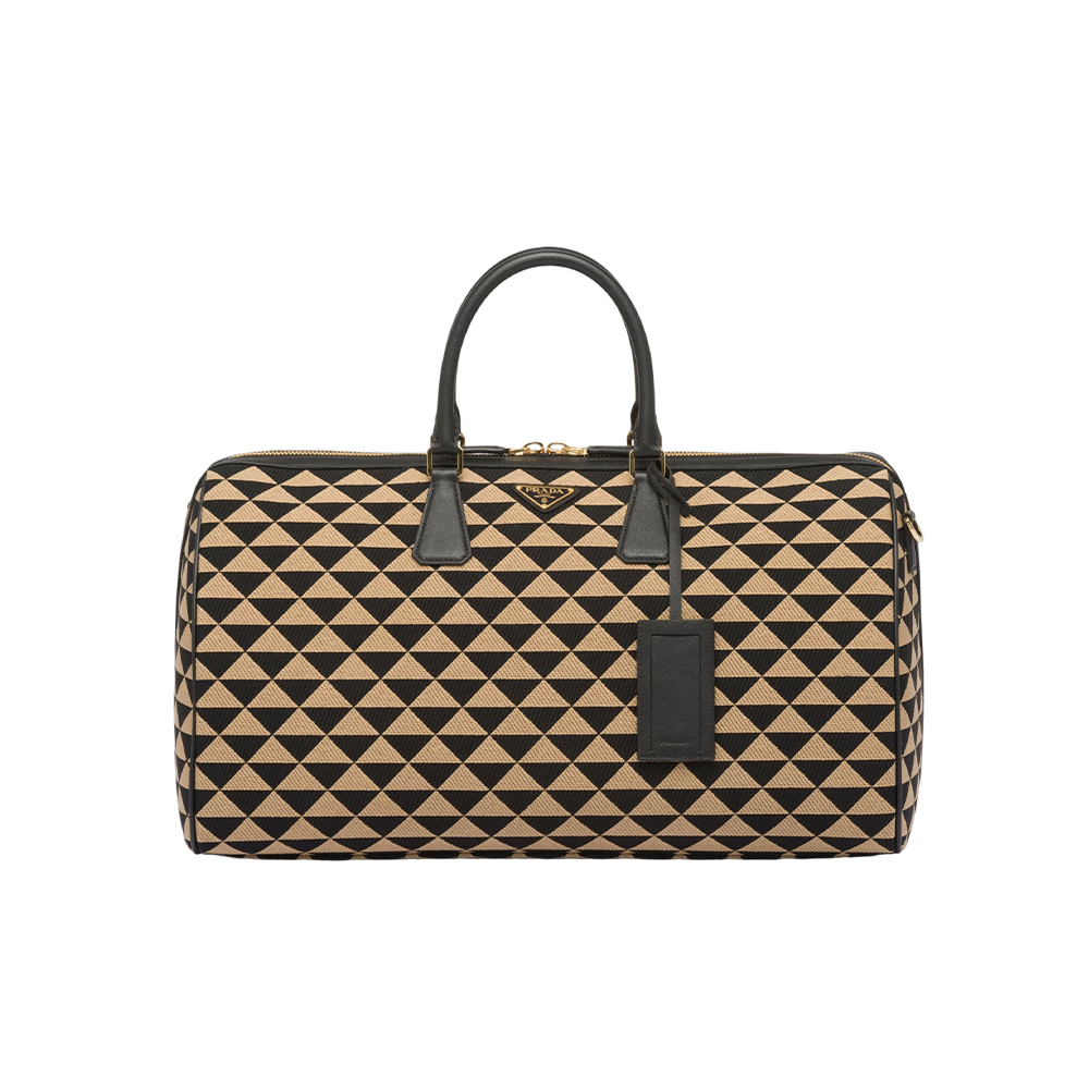 Large Prada Symbole embroidered fabric travel bag
