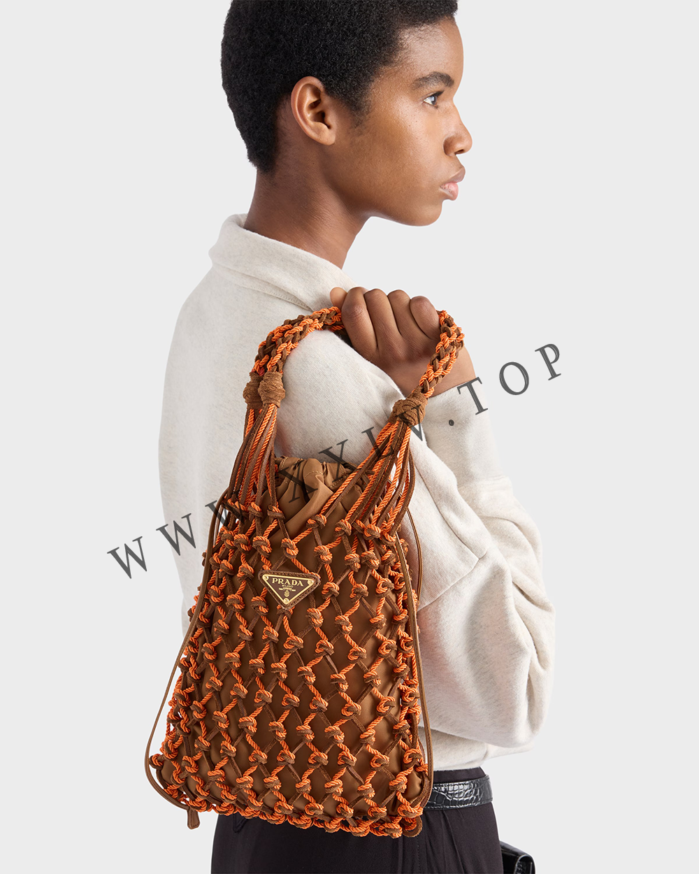 Prada Noué small macramé and suede bag - Image 4