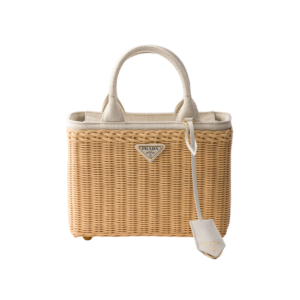 Medium wicker and linen blend tote bag