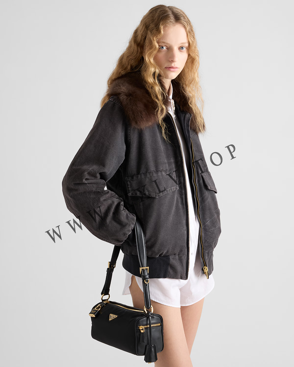 Medium Re-Nylon and leather shoulder bag with padlock - Image 2