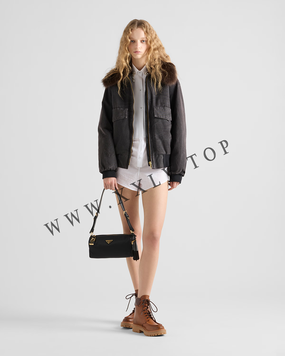 Medium Re-Nylon and leather shoulder bag with padlock - Image 3