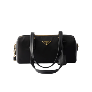 Re-Nylon and leather medium top-handle bag with padlock