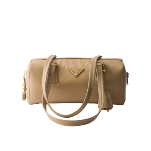 Re-Nylon and leather medium top-handle bag with padlock