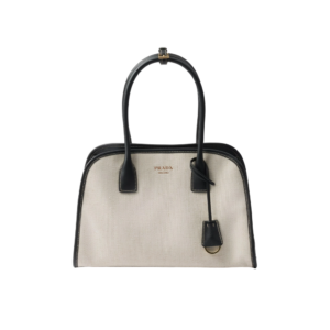 Medium linen blend and leather tote bag