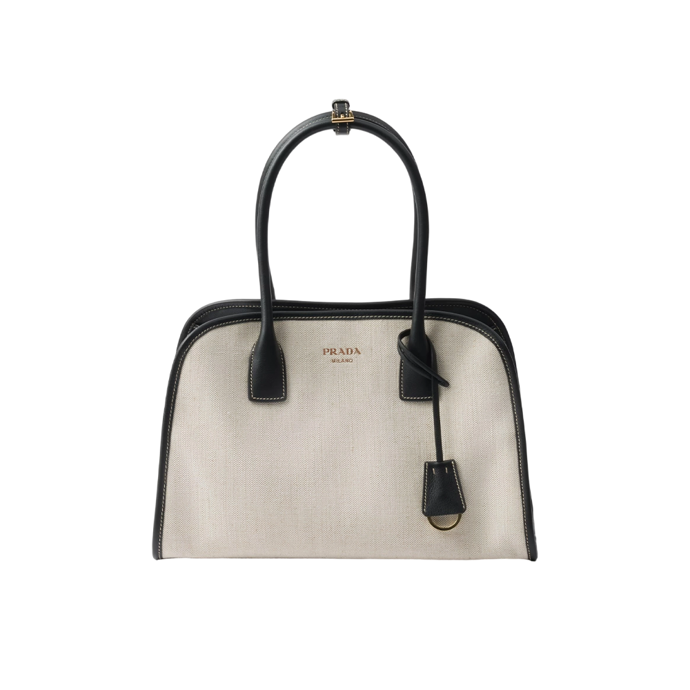 Medium linen blend and leather tote bag