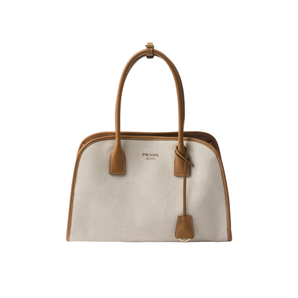 Medium linen blend and leather tote bag